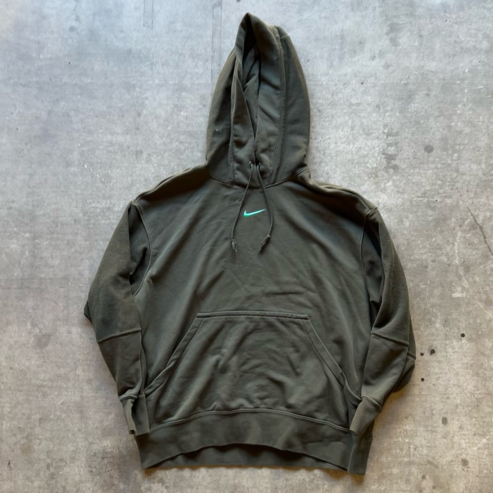 dark hunter/olive green/teal nike center swoosh oversize mixed material hoodie